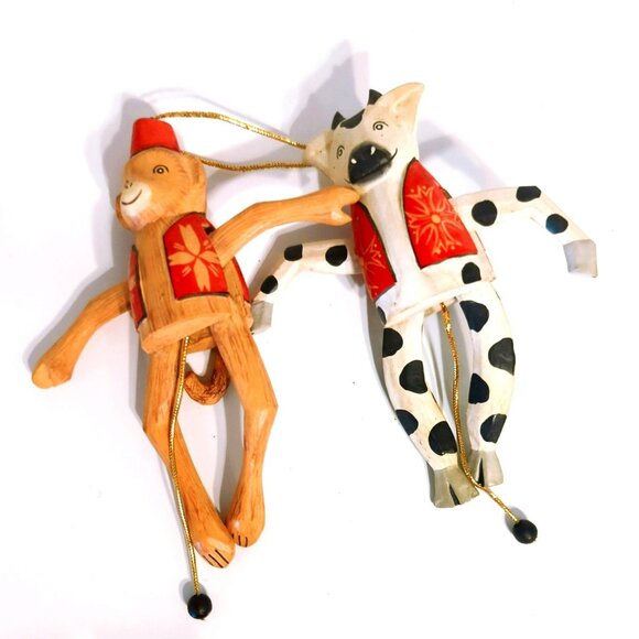 Vintage Wooden Pull String Monkey and Cow Ornaments 5.5-Inches Tall - Picture 1 of 5